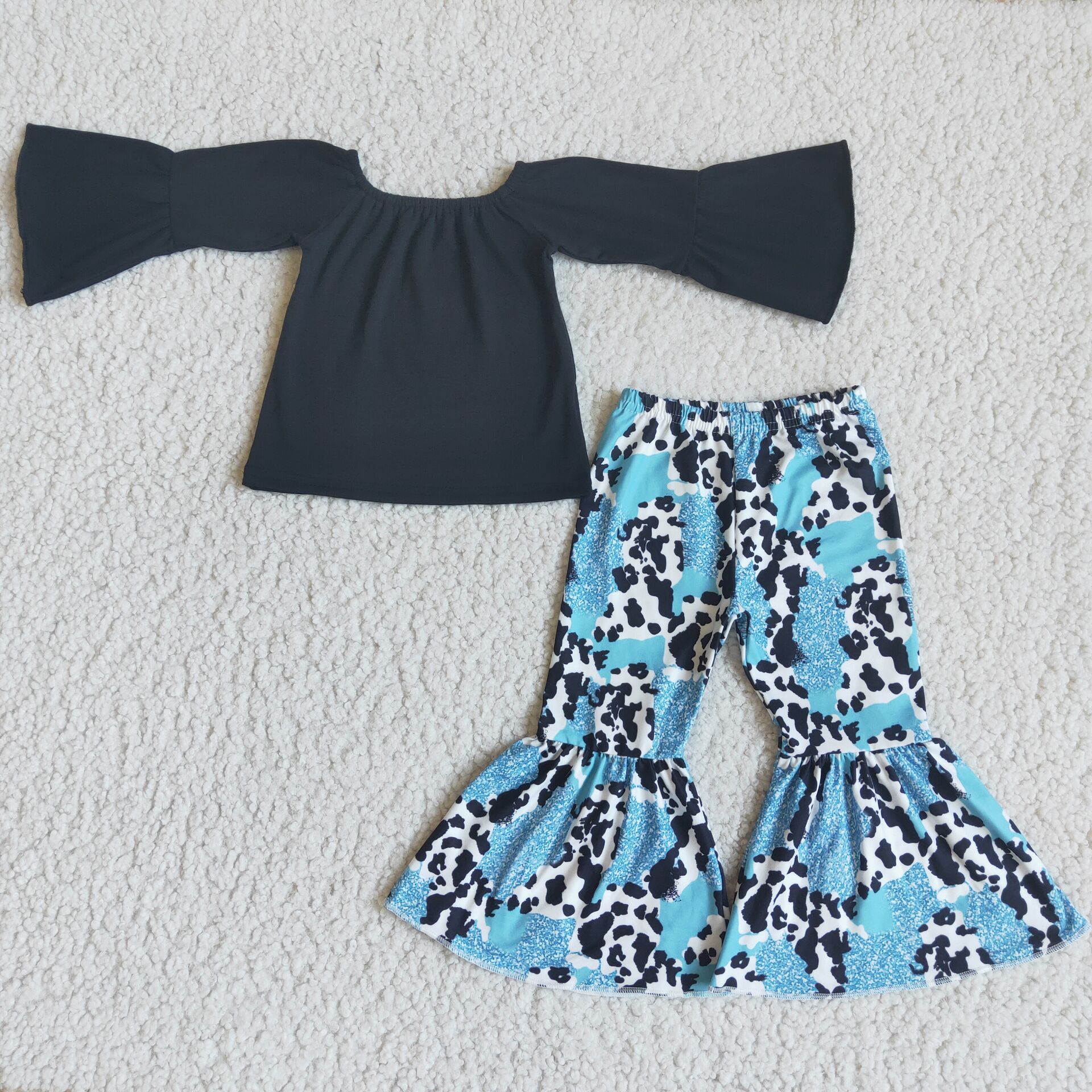 Black flared sleeve cow pattern flared pants suit baby girls clothing