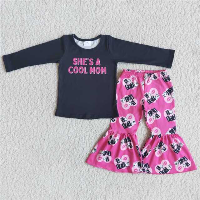 Baby girls cool mom letters black long-sleeved flared pants boutique children's suit