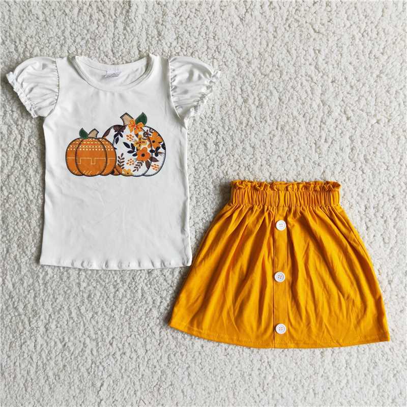 Pumpkin white short-sleeved shirt button yellow short skirt suit