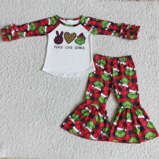 Baby girls green cartoon pattern red plaid flared pants boutique set