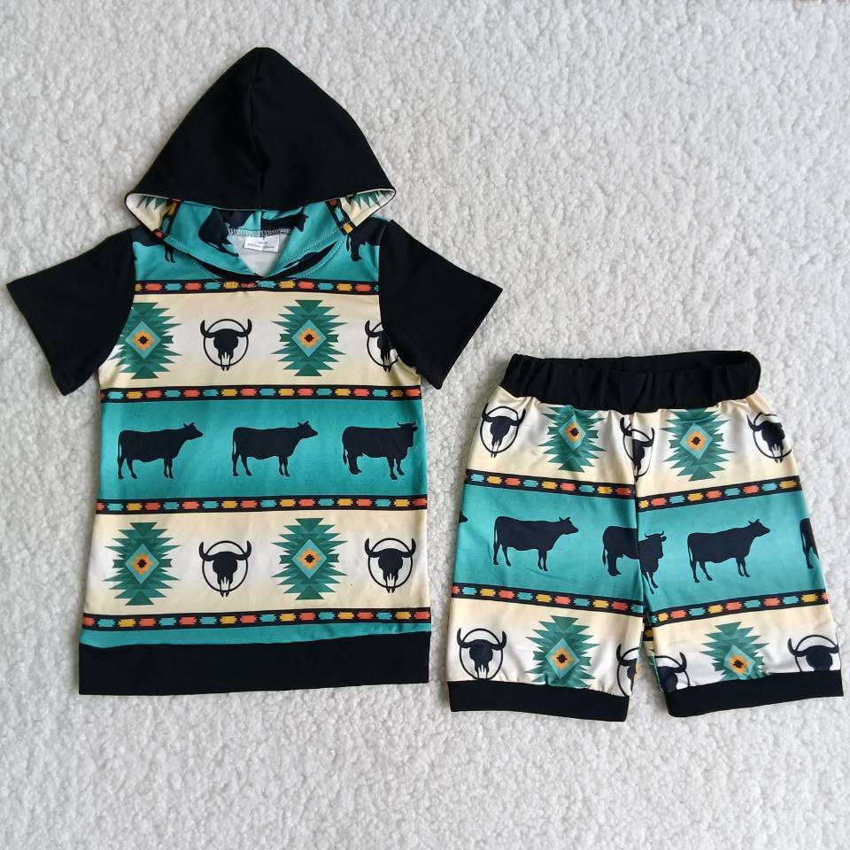 Black Bull Pattern Hoodie Short Sleeve Boy Set