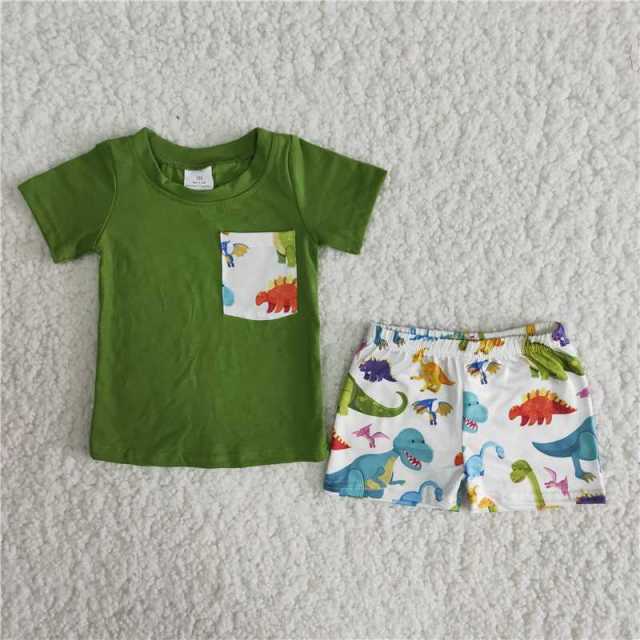 Green Dinosaur Pocket Short Sleeve Boy Set