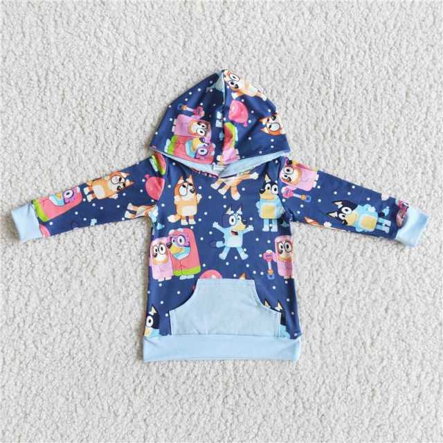 Blue Pocket Cartoon Dogs Hoodie Top