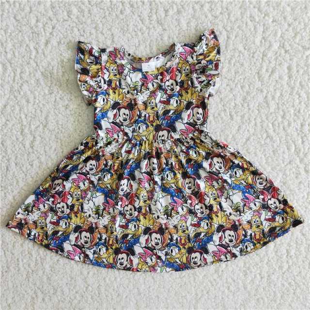 Baby girls cartoon pattern boutique flying sleeve dress