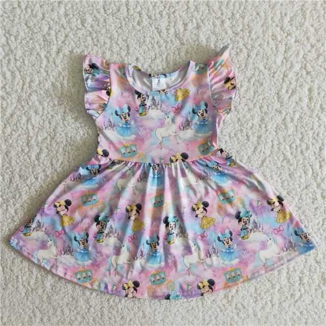 Baby girls blue bow cartoon boutique flying sleeve dress