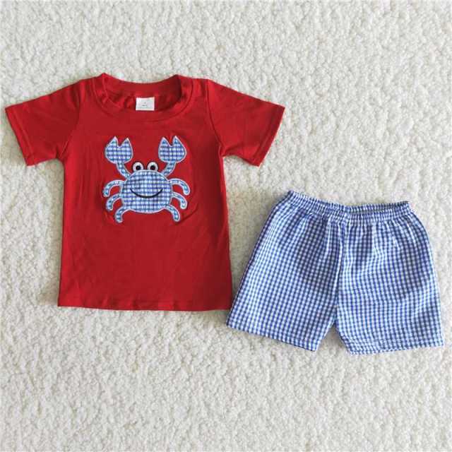 Embroidery Crab Blue Plaid Short Sleeve Boy Set