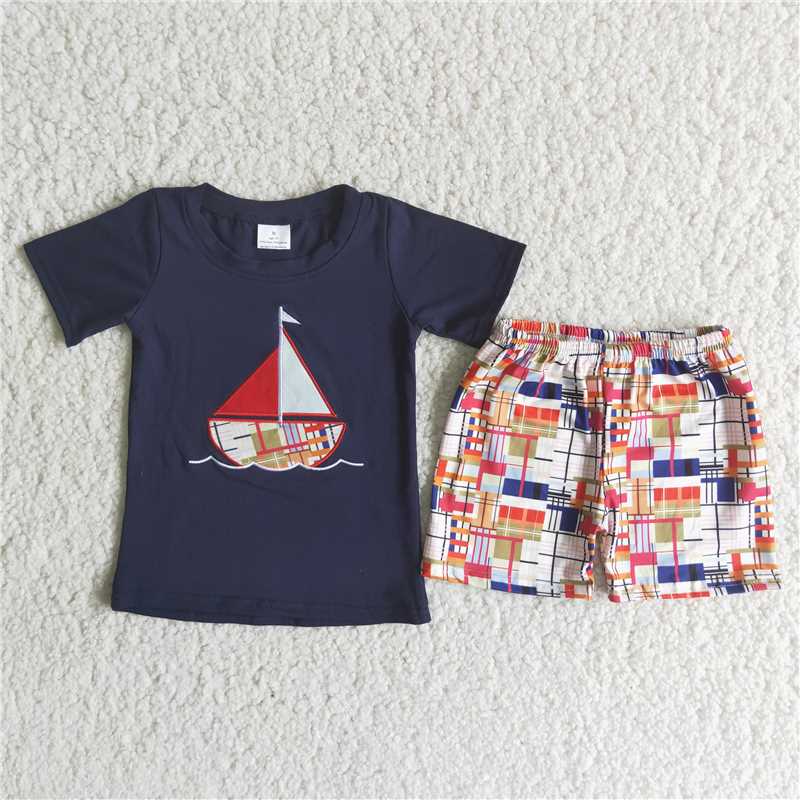 Embroidery Sailboat Colorful Plaid Pants Short Sleeve Boy Set