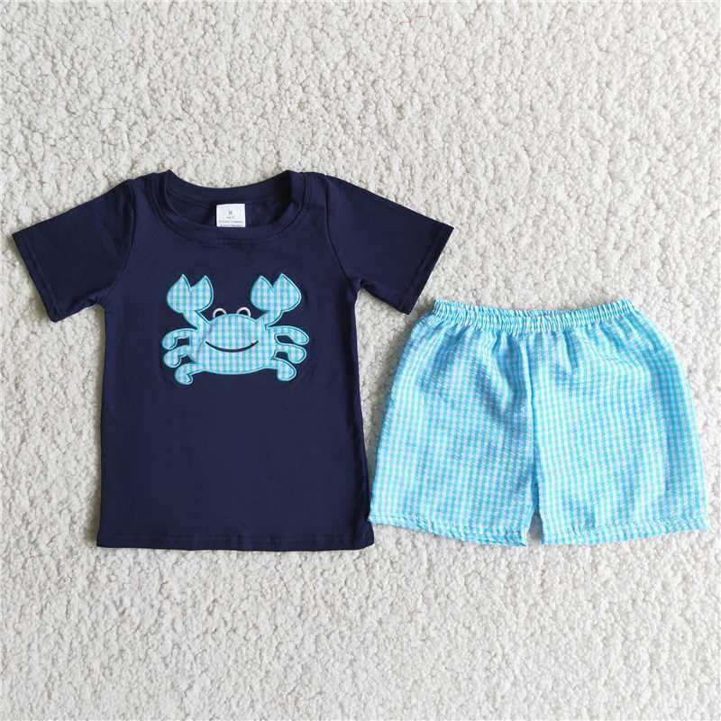 Blue Embroidery Crab Short Sleeve Boy Set