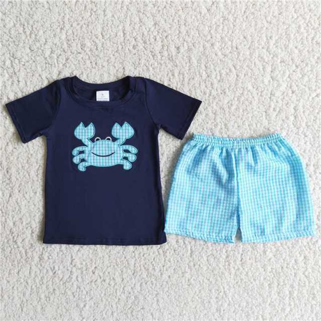 Blue Embroidery Crab Short Sleeve Boy Set