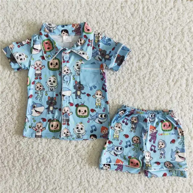 Blue Cartoon Print Pocket Boy Pajamas Short Sleeve Boy Sets