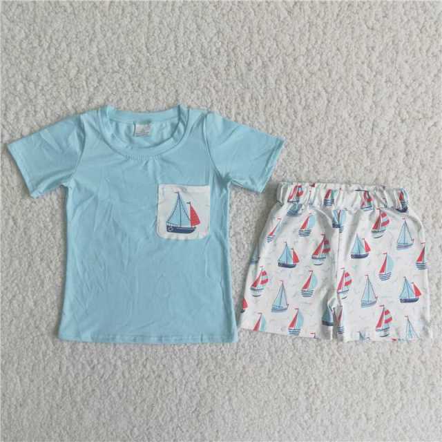 Blue Sailboat Pocket Short Sleeve Boy Set
