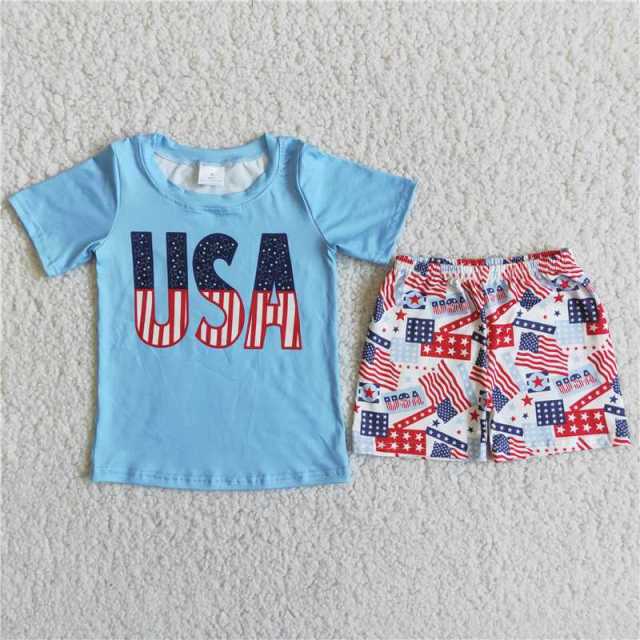July 4th USA Flags Print Pants Short Sleeve Boy Sets