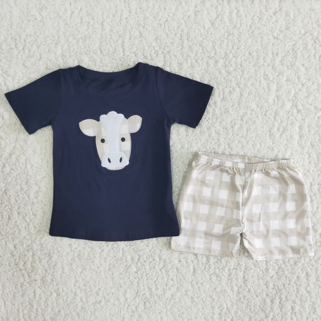 Embroidery Heifer Plaid Short Sleeve Boy Set