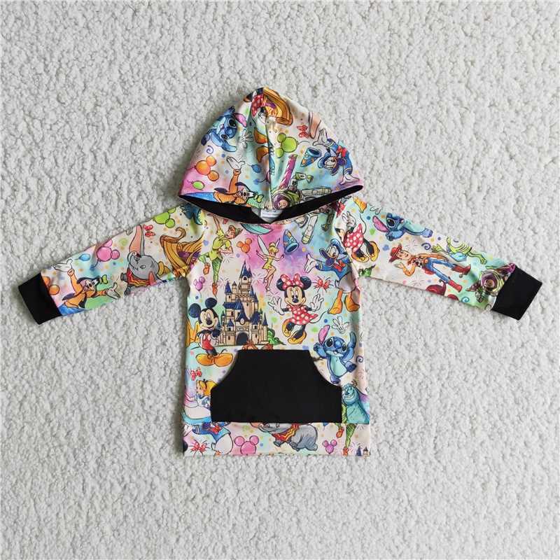 Black Pocket Cartoon Pattern Hoodie Top