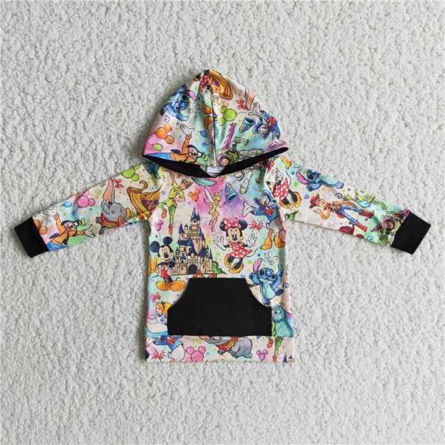 Black Pocket Cartoon Pattern Hoodie Top