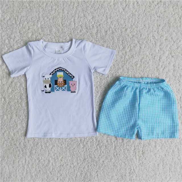 Embroidery Farm Blue Plaid Short Sleeve Boy Set