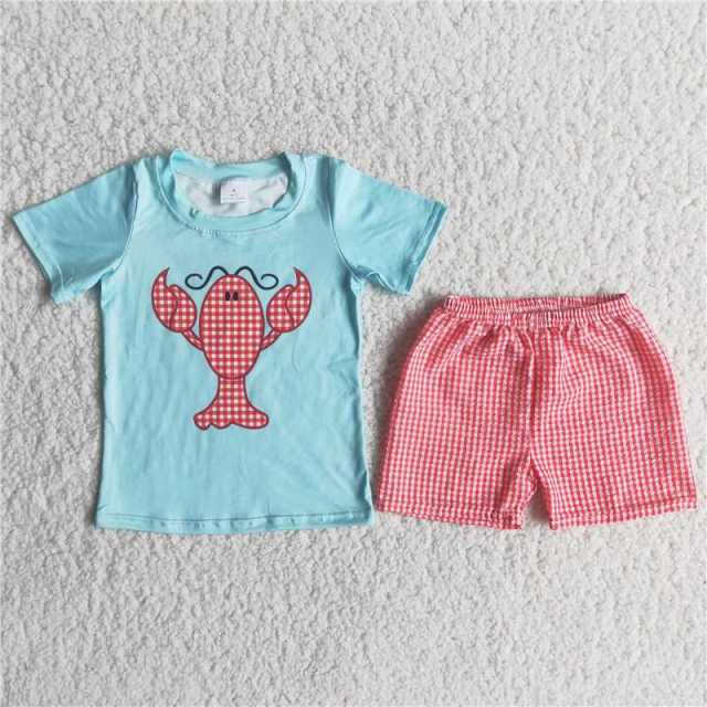 Plaid Lobster Print Short Sleeve Boy Set