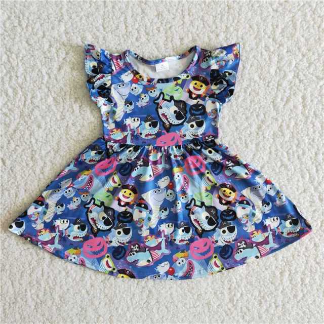 Baby girls color shark cartoon boutique flying sleeve dress