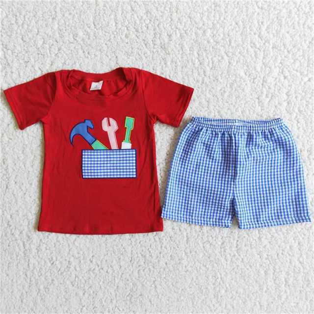 Red Embroidery Tools Plaid Short Sleeve Boy Set