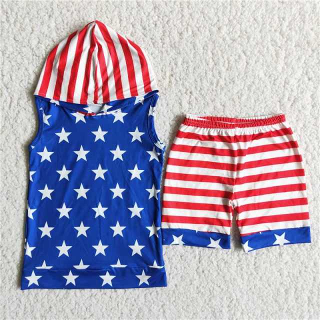 July 4th Blue Star Red Striped Hoodie Top Sleeveless Boy Set
