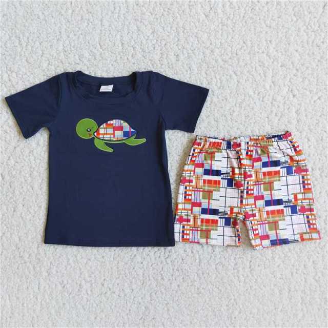 Embroidery Tortoise Colorful Plaid Pants Summer Boy Set