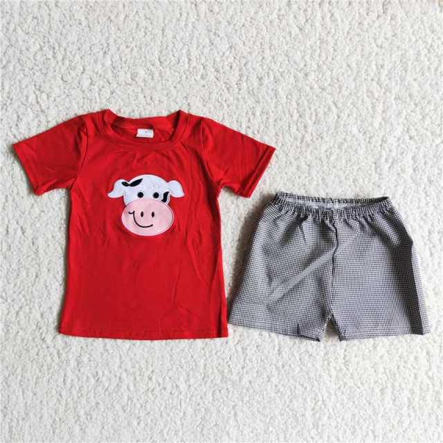 Embroidery Cows Red Short Sleeve Boy Set