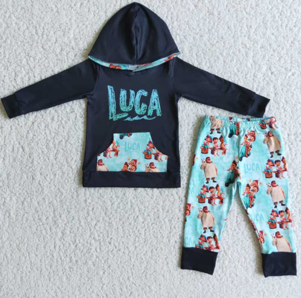 kids fall and winter clothes cartoon print long sleeves hooded set