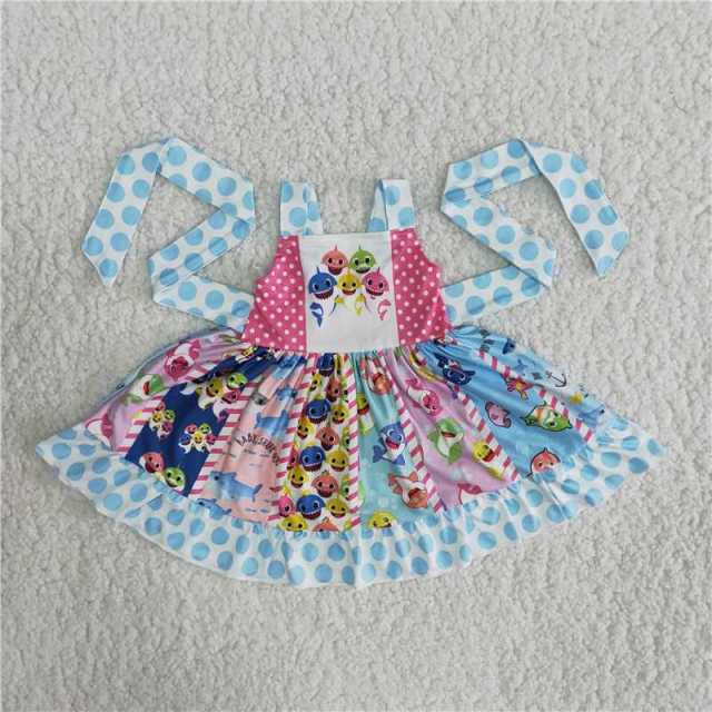 girls shark dress Panel bell skirt Sleeveless tie