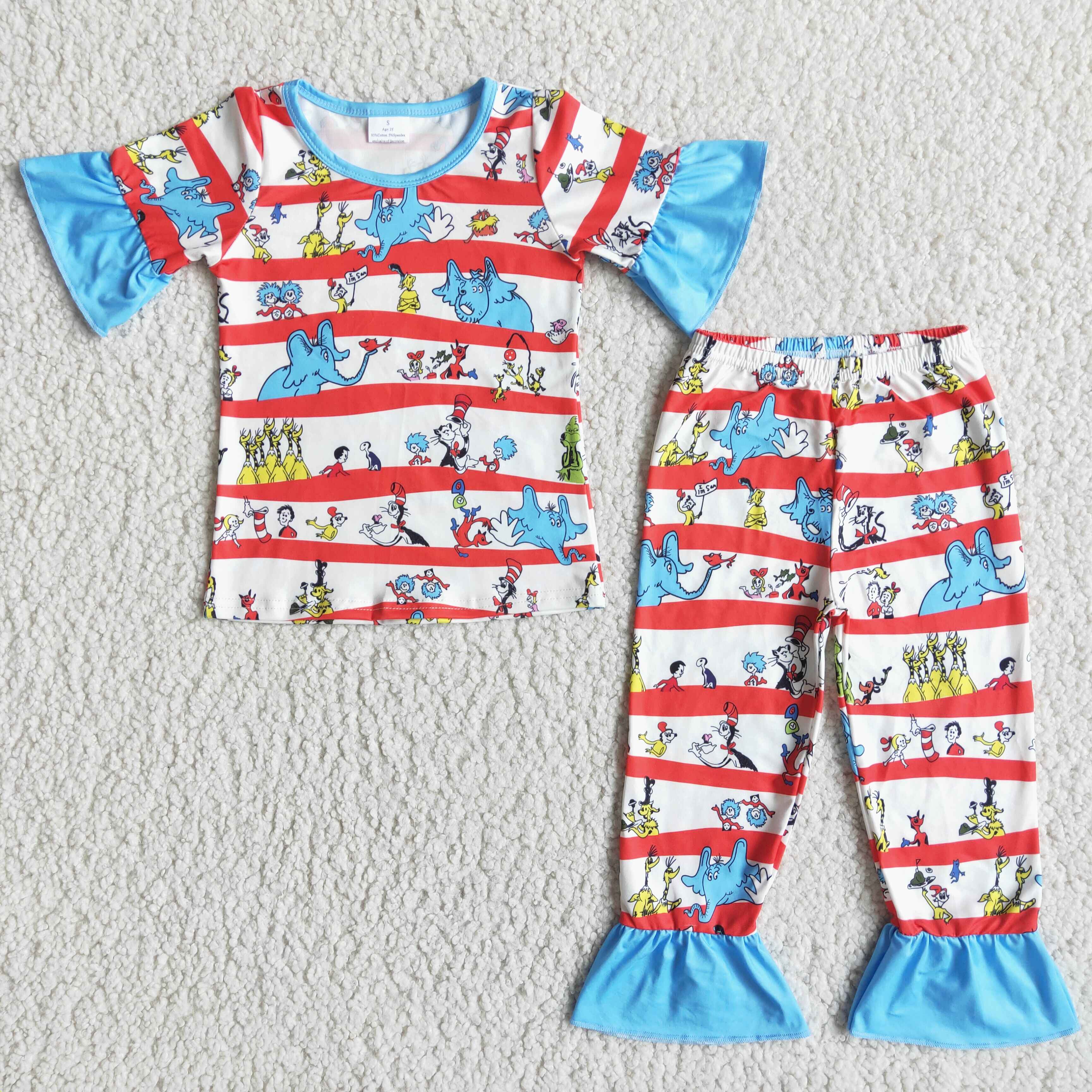 kids clothes short sleeve top with bell bottom pants  cartoon girl clothes set