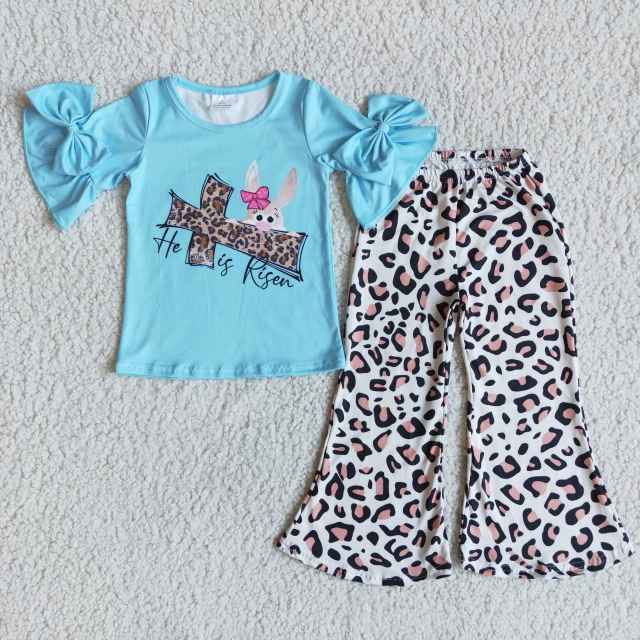kids Easter clothes short sleeve top with leopard pants  girl set