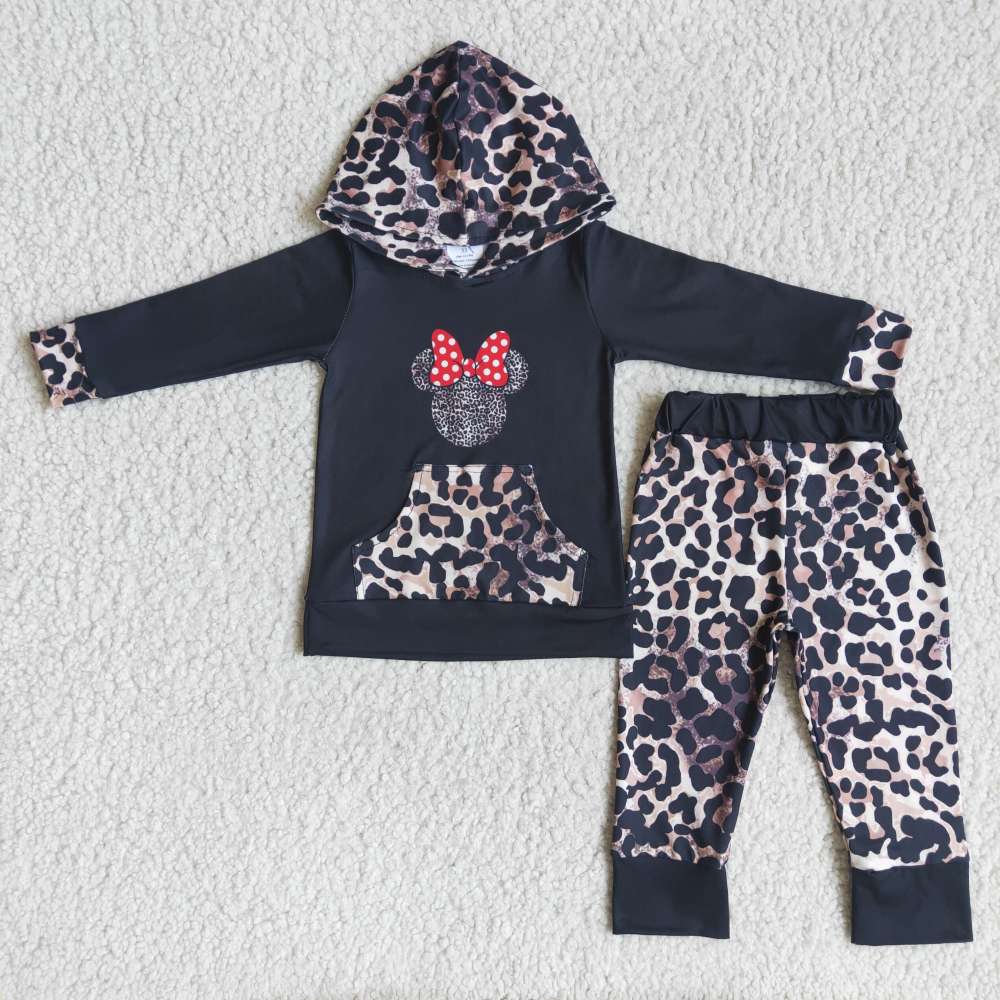 kids boutique outfitshooded  top with leopard pants  cartoon girl clothes set