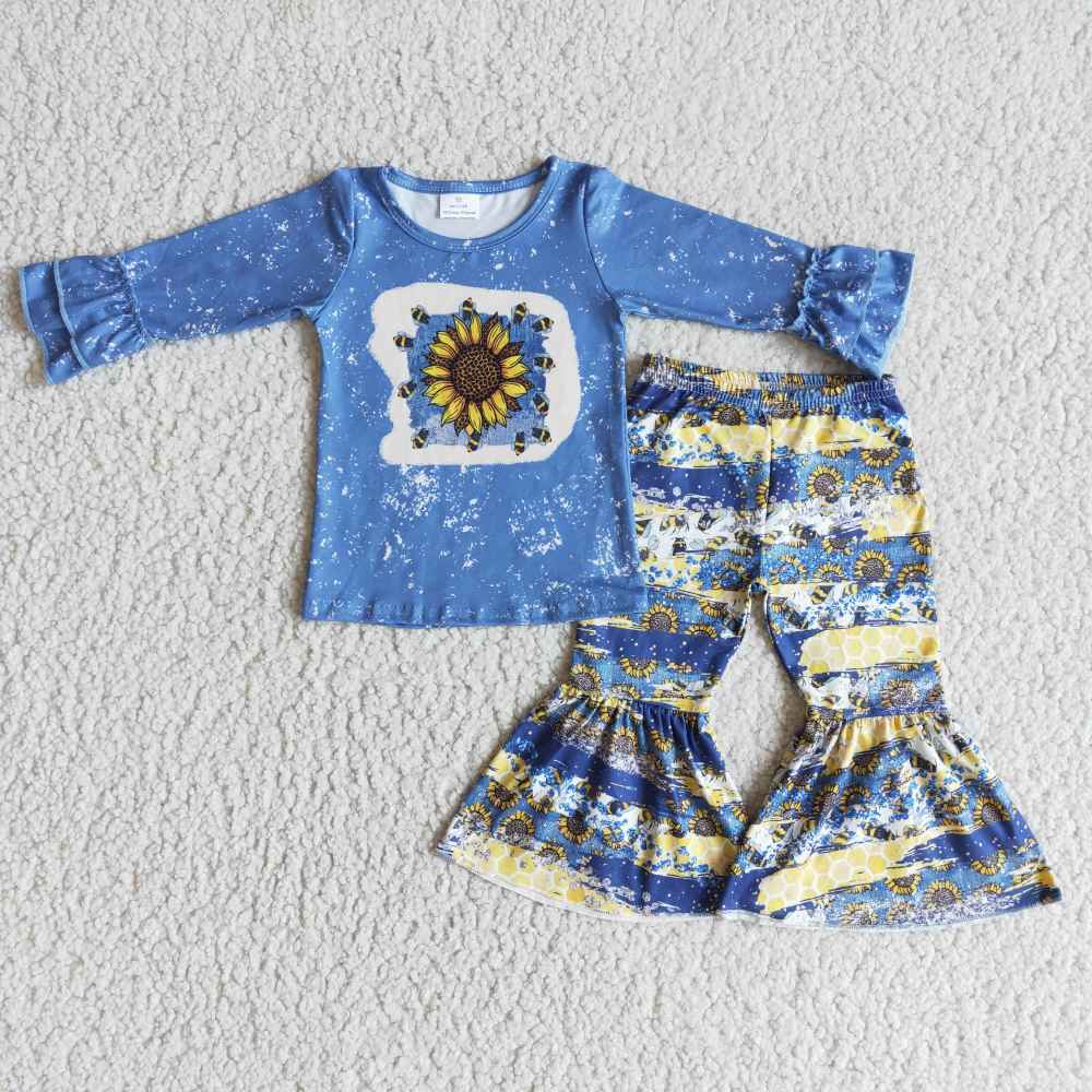 kids girl clothes long sleeve sunflower top with bell bottom pants 2 pieces baby sets