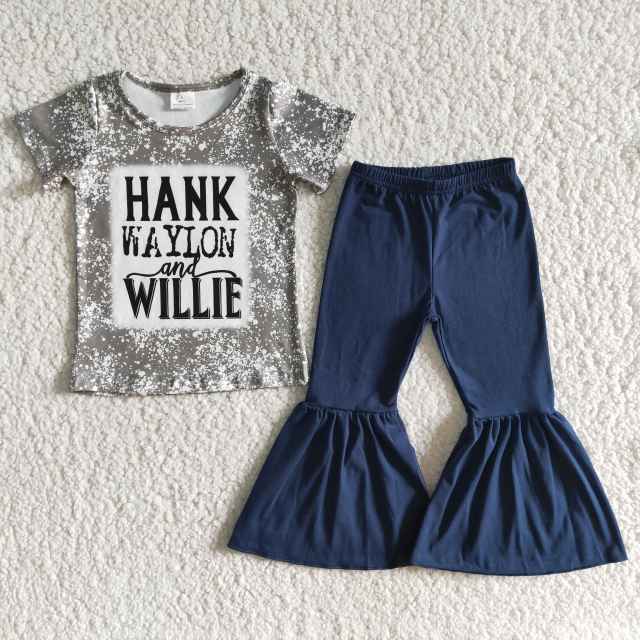 kids girl clothes short sleeve top letter print with bell bottom pants set