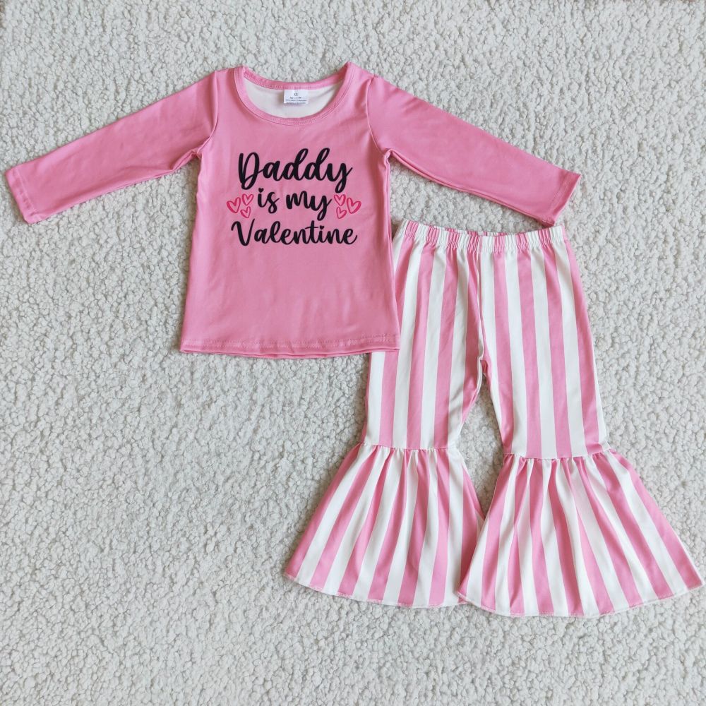 children girl Valentine's Day clothes long sleeve top with  stripe bell bottom pants  kids sets