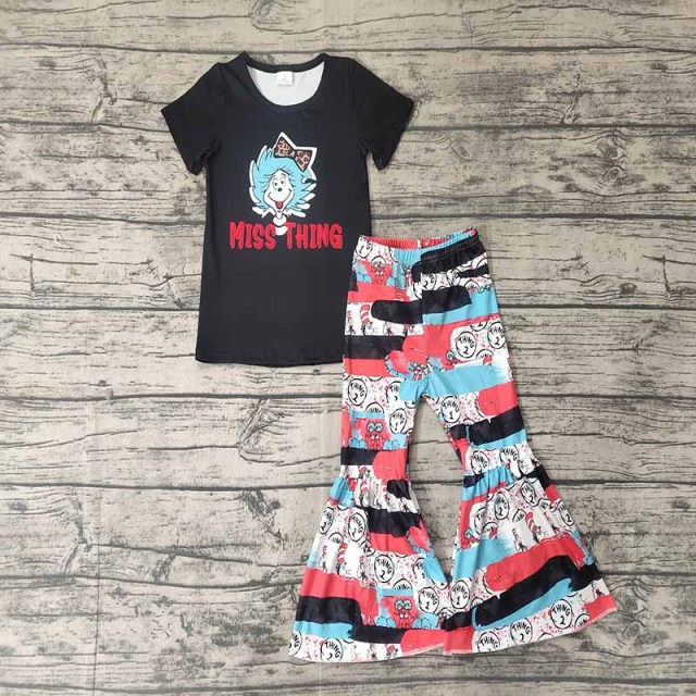 Cartoon pattern black short-sleeved flared pants suit