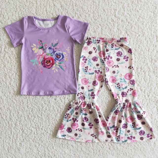 kids clothes short sleeve top with flower print bell bottom pants spring girl set