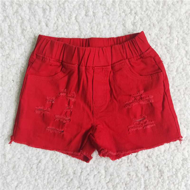 red Elastic waist short denim pants