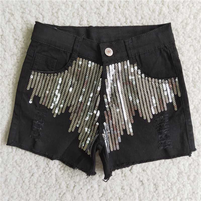 black sequins short denim pants
