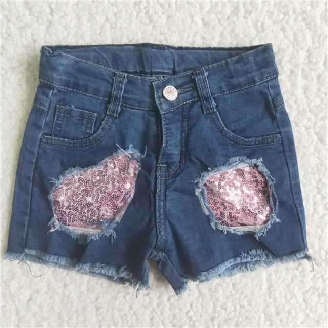Pink sequins light blue short denim pants