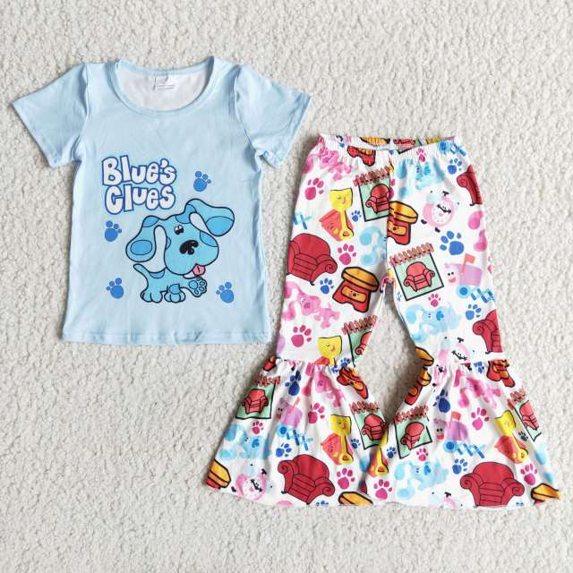 baby cartoon clothes short sleeve top with bell bottom pants  kids girl set