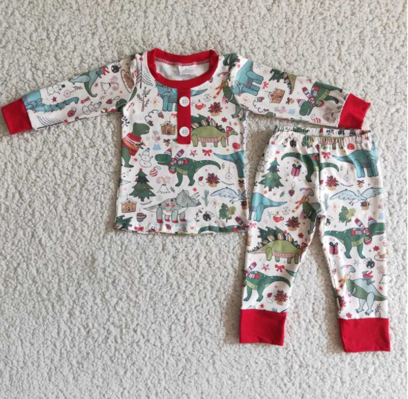 kids Christmas clothes boy dinosaur pajamas set