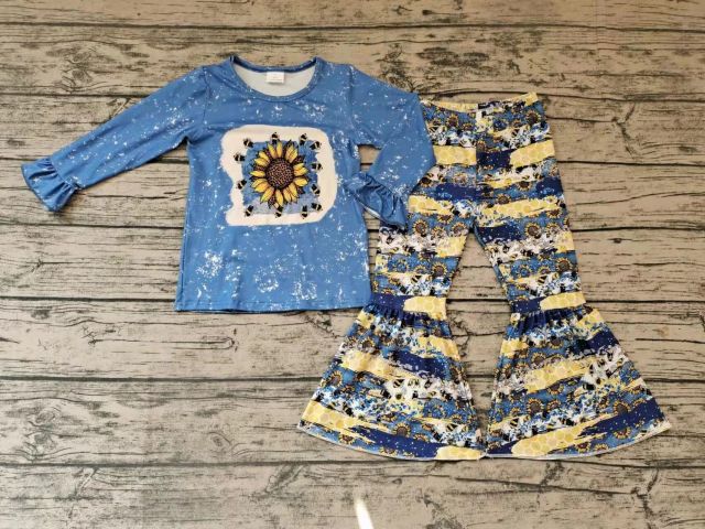 Blue Long Sleeve Sunflower Flared Pants