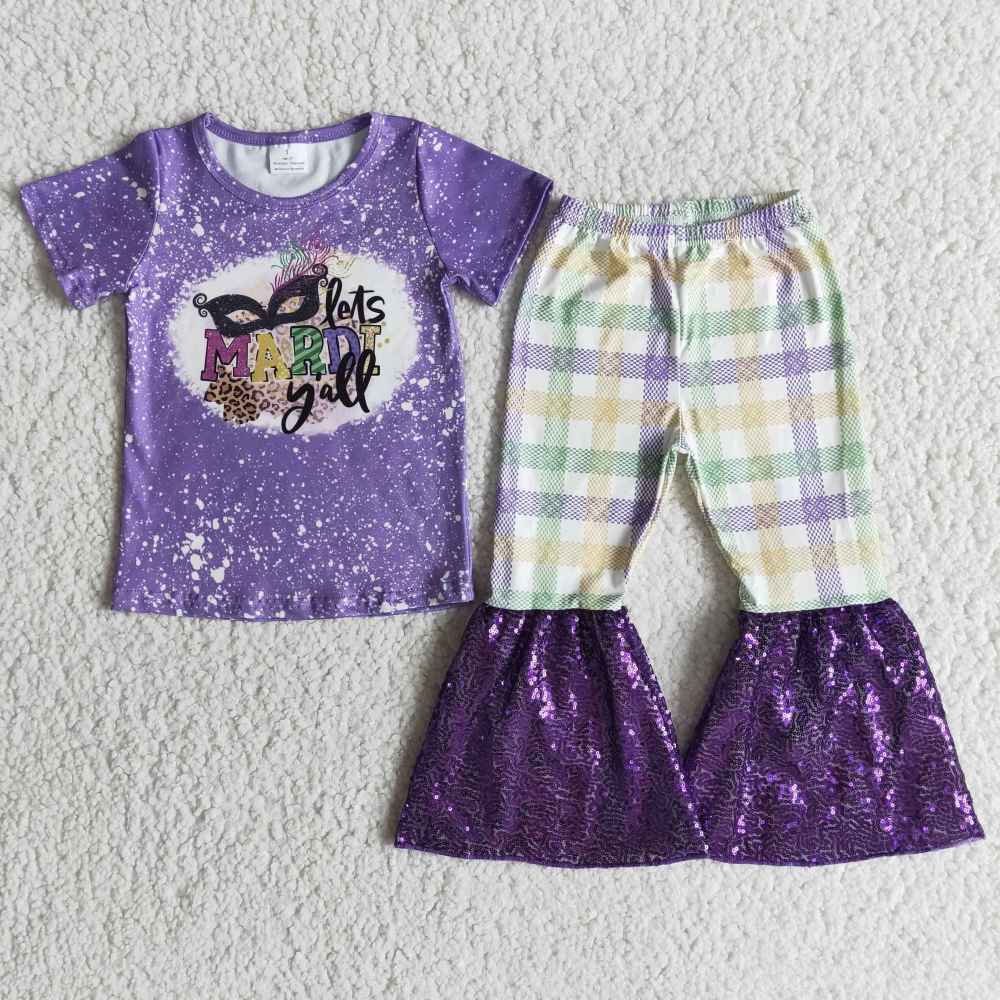 baby Carnival clothes short sleeve top with bell bottom sequins pants  kids girl set