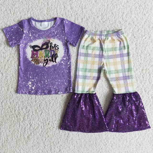 baby Carnival clothes short sleeve top with bell bottom sequins pants  kids girl set