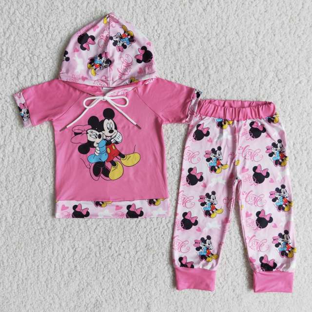 kids clothes short sleeve hooded top with pants cartoon print  children girl set