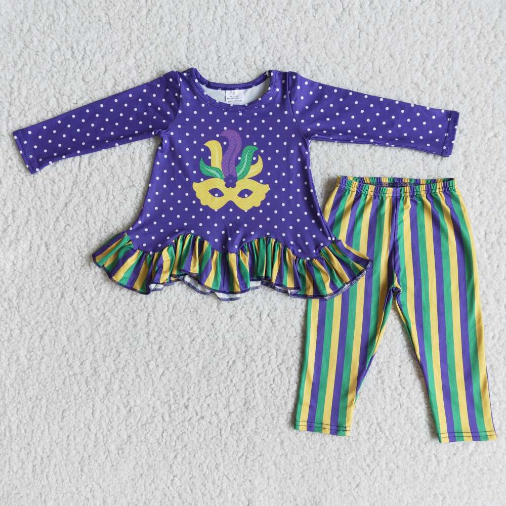 kids Carnival clothes long sleeve mask print top with pants  children girl set