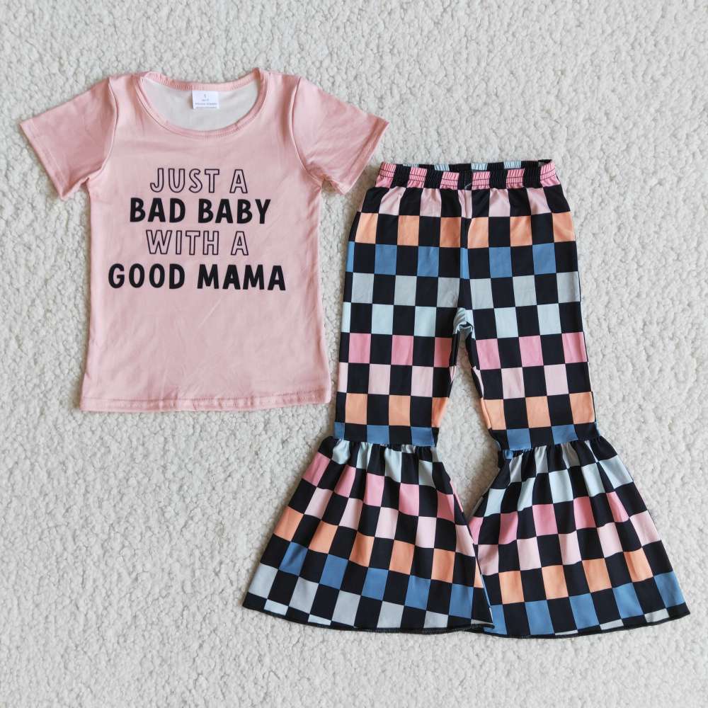 baby clothes letter print top with bell bottom  pants  children girl set