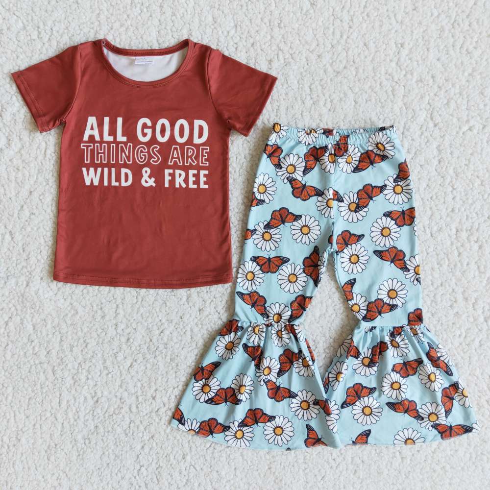 kids boutique outfits letter print top with bell bottom  pants  children girl set