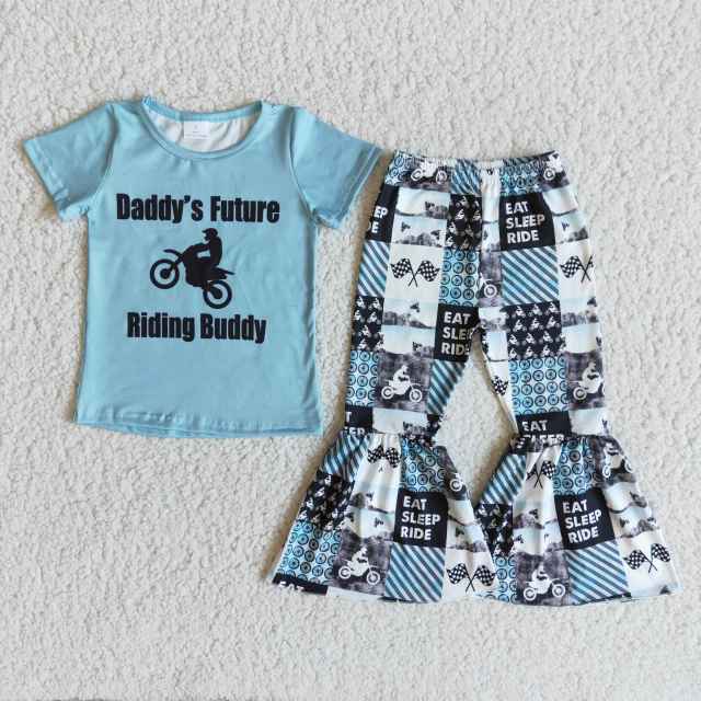 kids clothes short sleeve top with bell bottom  pants  children girl set