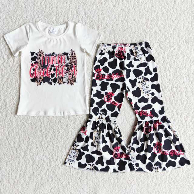 kids boutique outfits short sleeve top with cow print bell bottom  pants   girl set